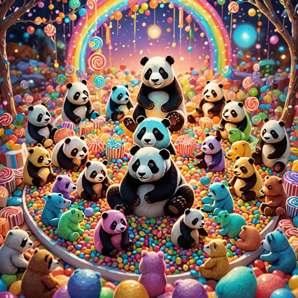 Whimsical Panda Meditation in Colorful Candyland