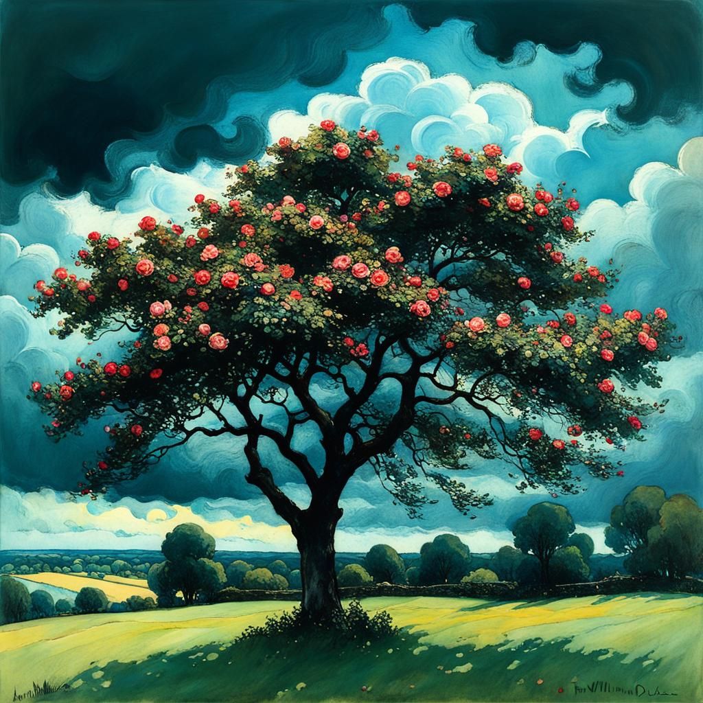 Stormy sky over a flowering tree
