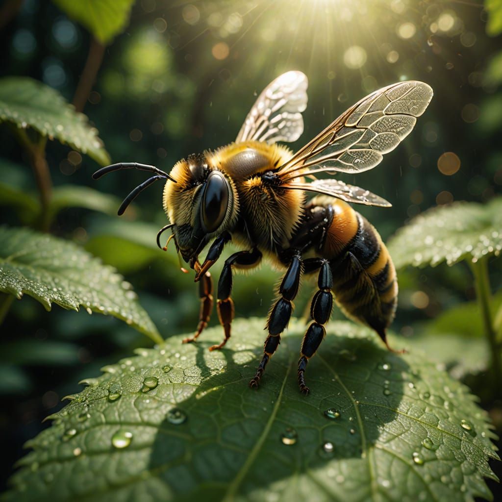 An extreme macro close-up of a detailed bee drinking from a perfectly round water drop on a vibrant green ...  by @Ross Tiger