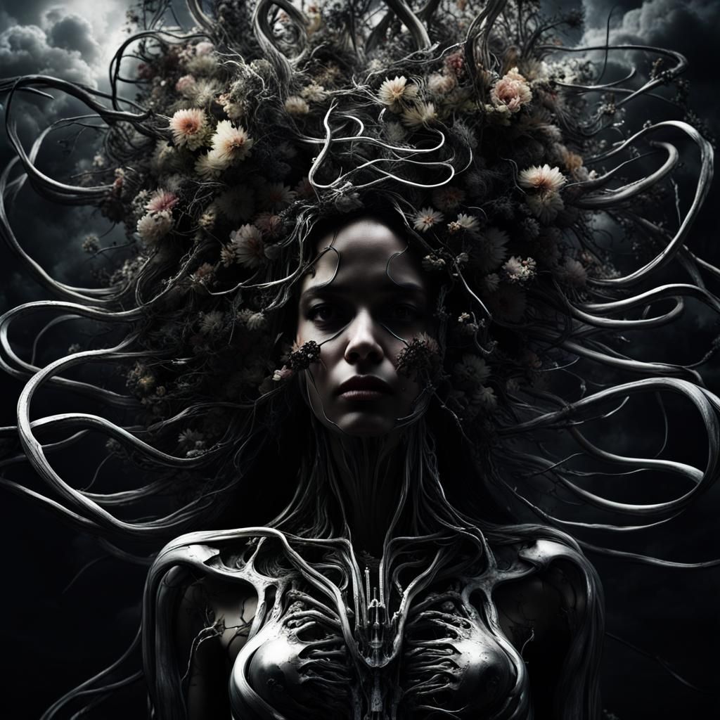 Dark photo, epic lens, all a figure made of long thin, abstr...