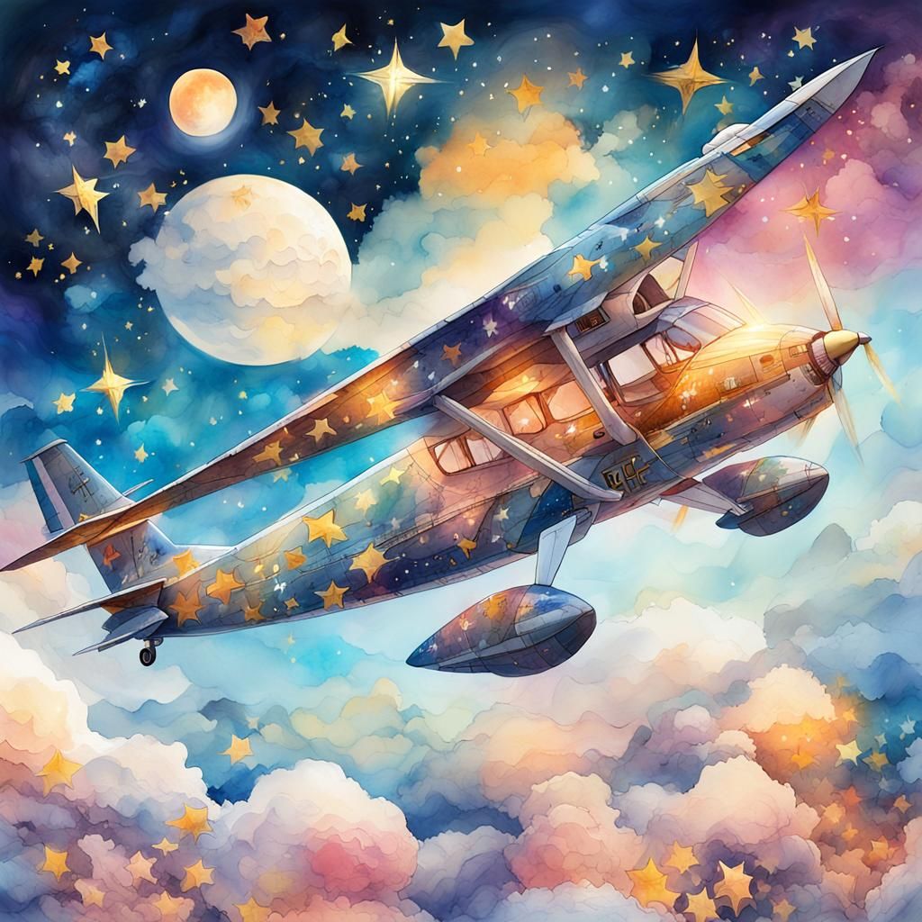 One old plane flying in the blue sky with magnificent clouds