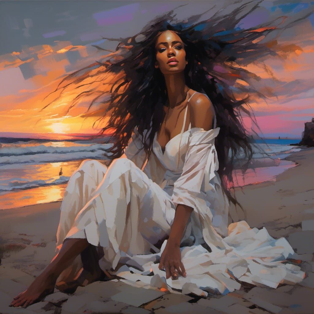 A beautiful woman sitting on the shore