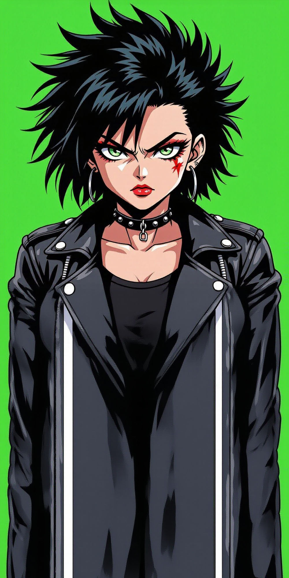 A punk anime woman with a death hawk haircut against a full green screen.