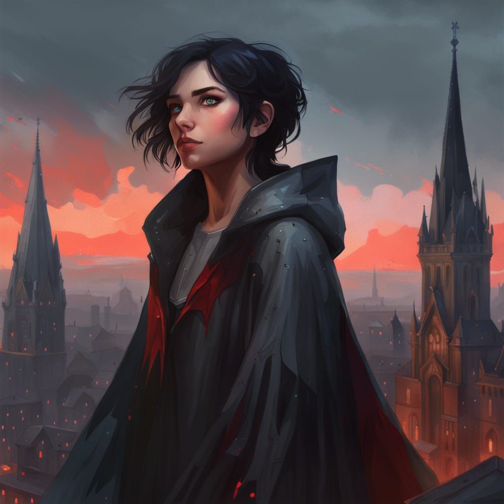 a teenage girl with on top of a building in a gothic city.