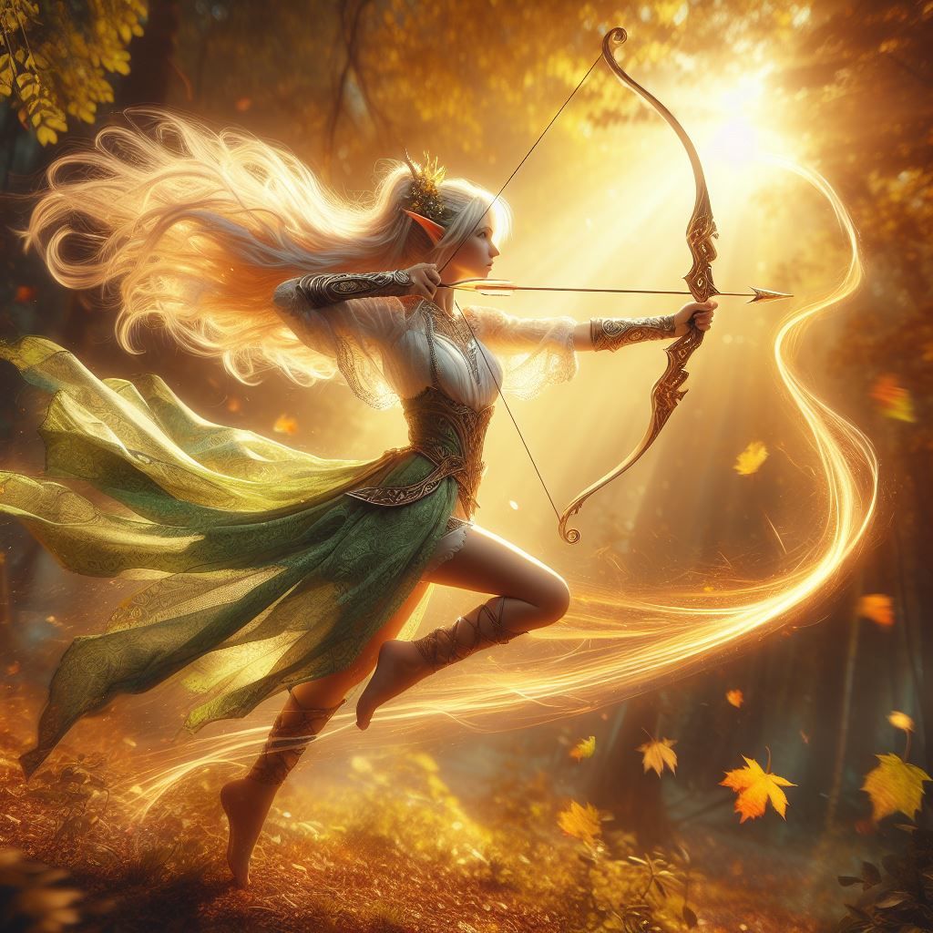 Female elf archer in action -2 by DALL-E 3