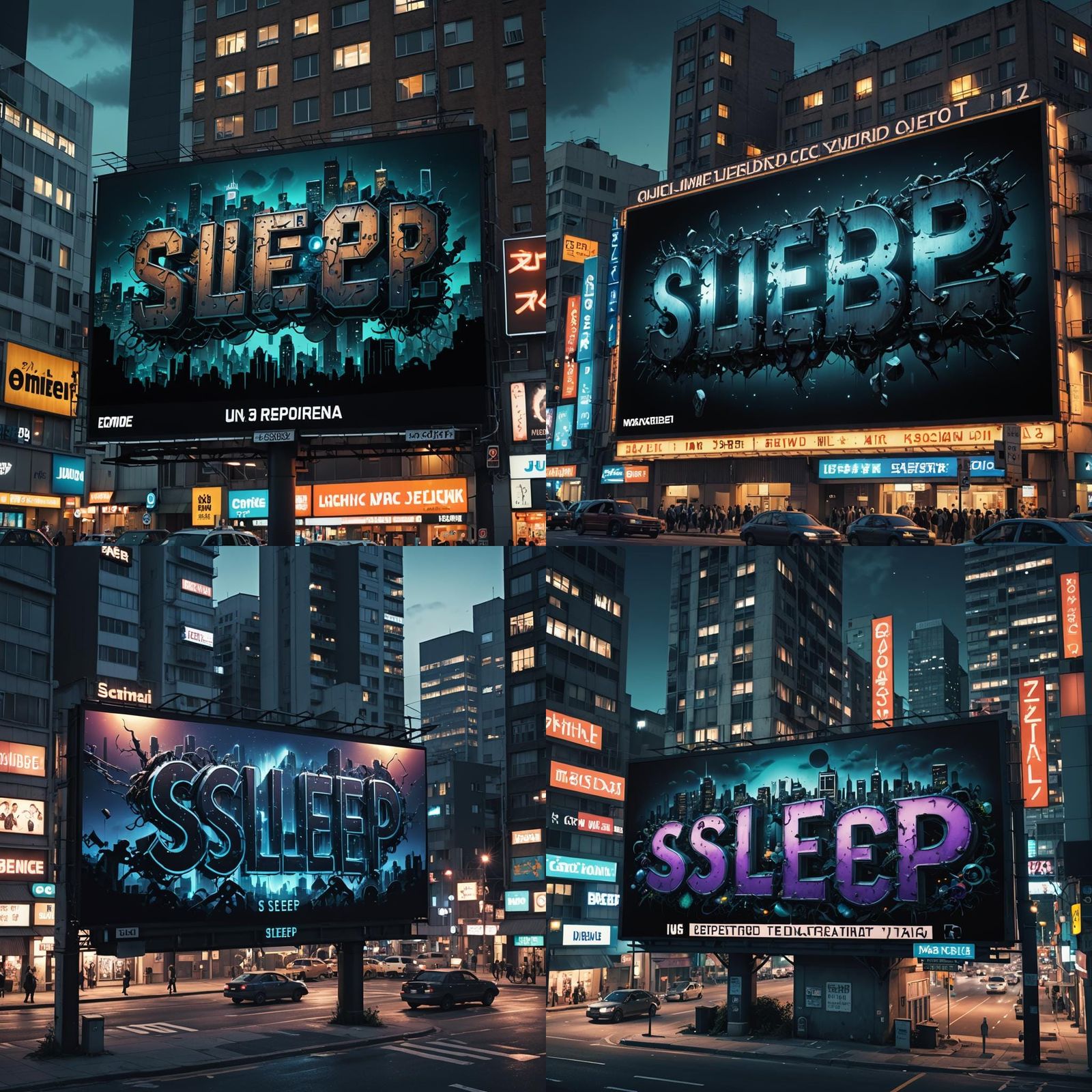 The word "Sleep" emblazoned on a billboard above a city stre...