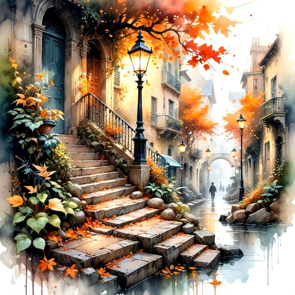 Steps Through Time A beautiful image capturing a charming autumn scene, featuring a staircase of cobblestones ...  by @Kosh