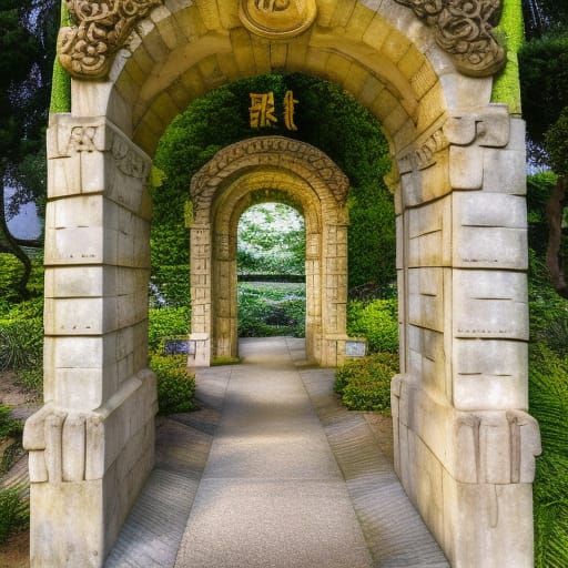 Botanical Garden Stone Archway in Hyperrealistic Style