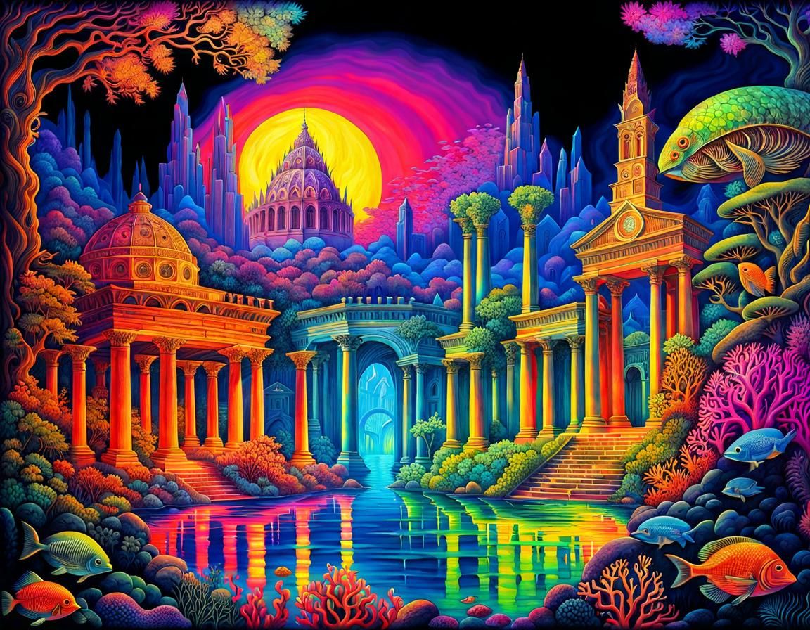 Black light epic fluorescent UV Illuminati mosaic of lost Roman city ...