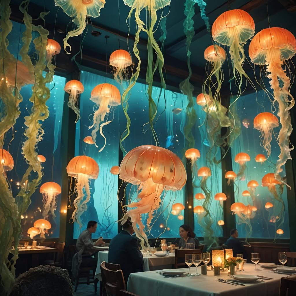 Surreal Fish Restaurant Dreamscape in Vivid Colors
