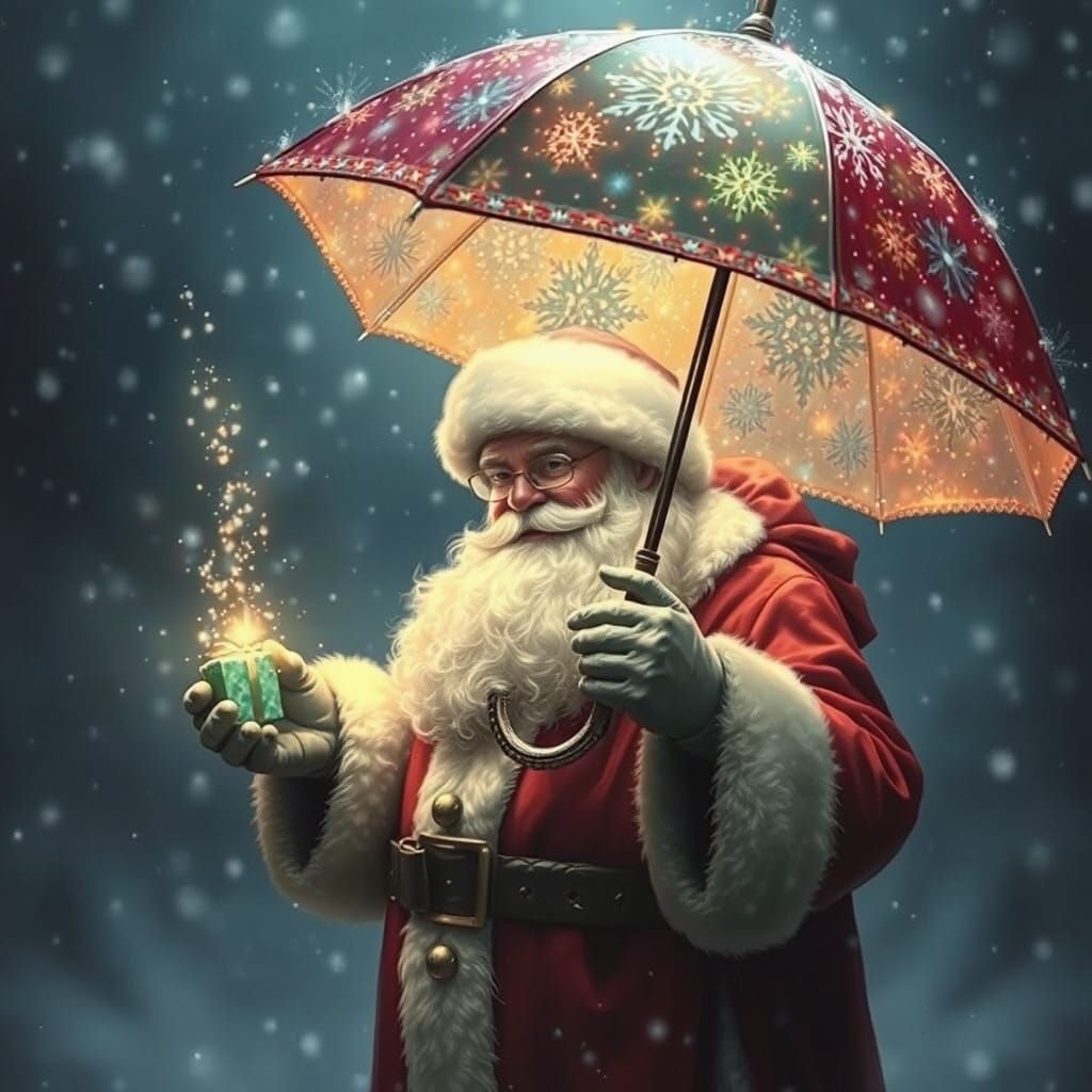 Santa Claus is holding a magical umbrella that is glowing, the umbrella is festive and colorful. Santa ...  by @Jen Jay