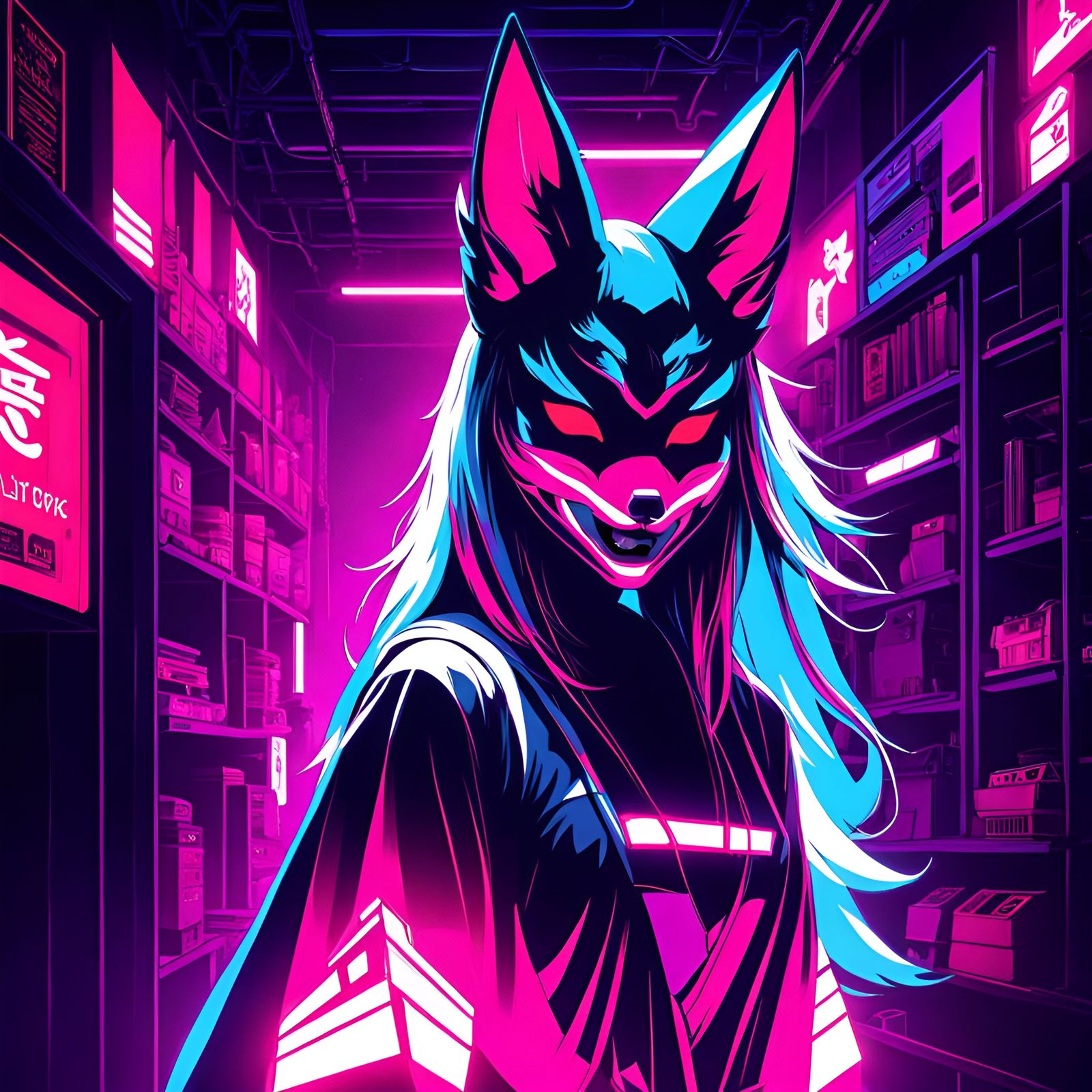 girl with Kitsune mask in basement
