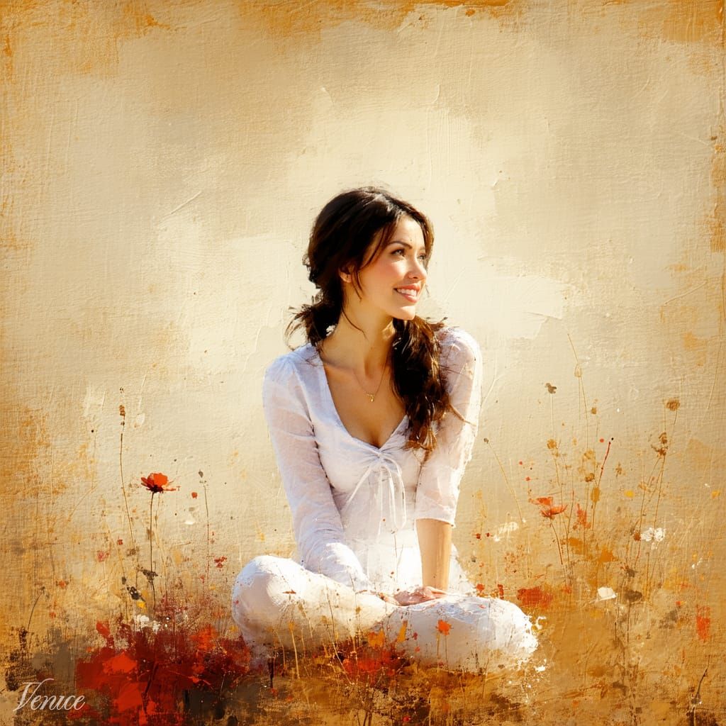 A beautiful woman sits on the ground