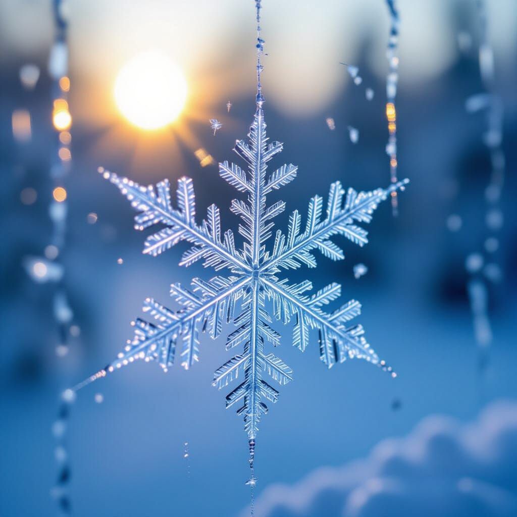 Microscopic Snowflake on Frosted Window: Hyperrealistic Phot...