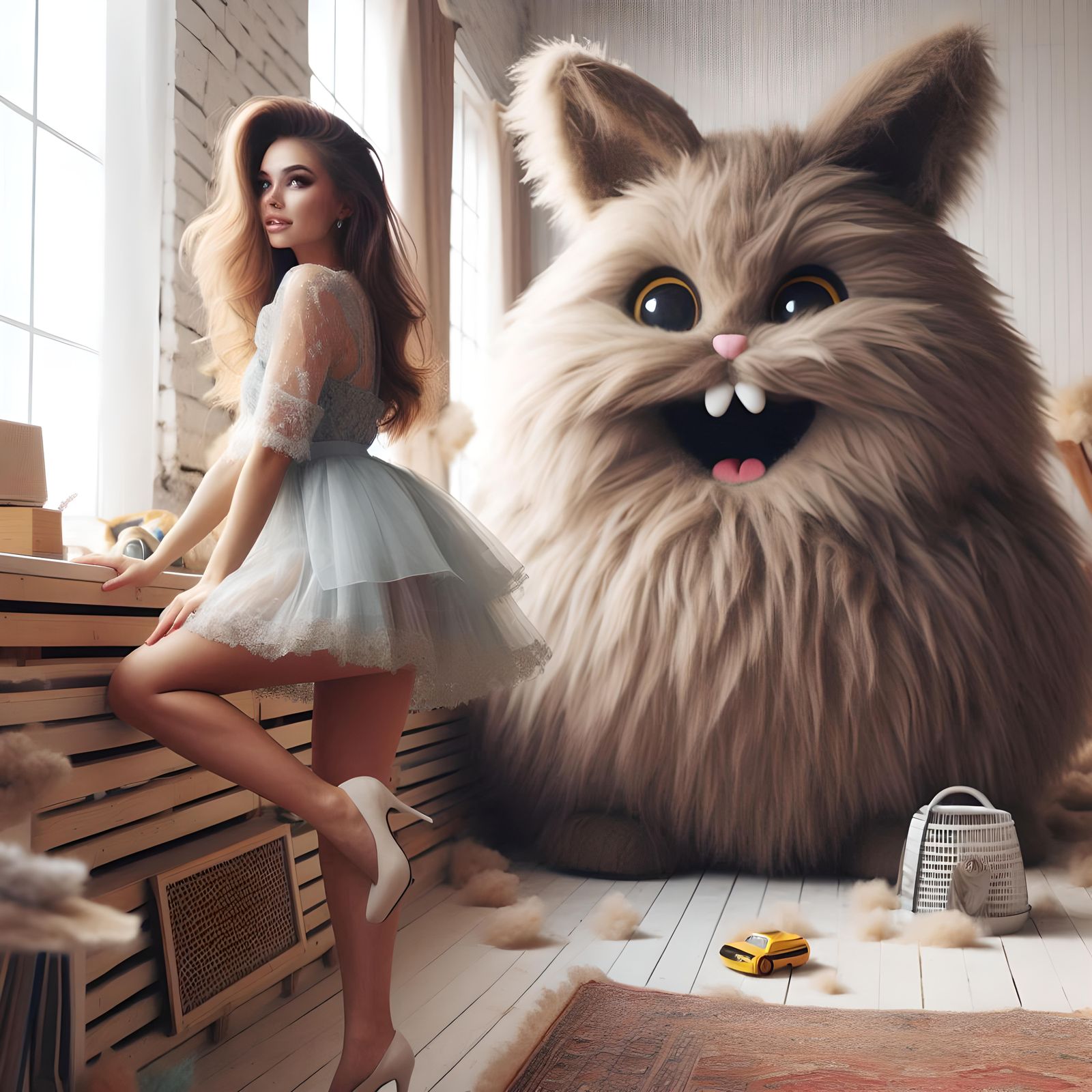 Beautiful girl and giant dust bunny