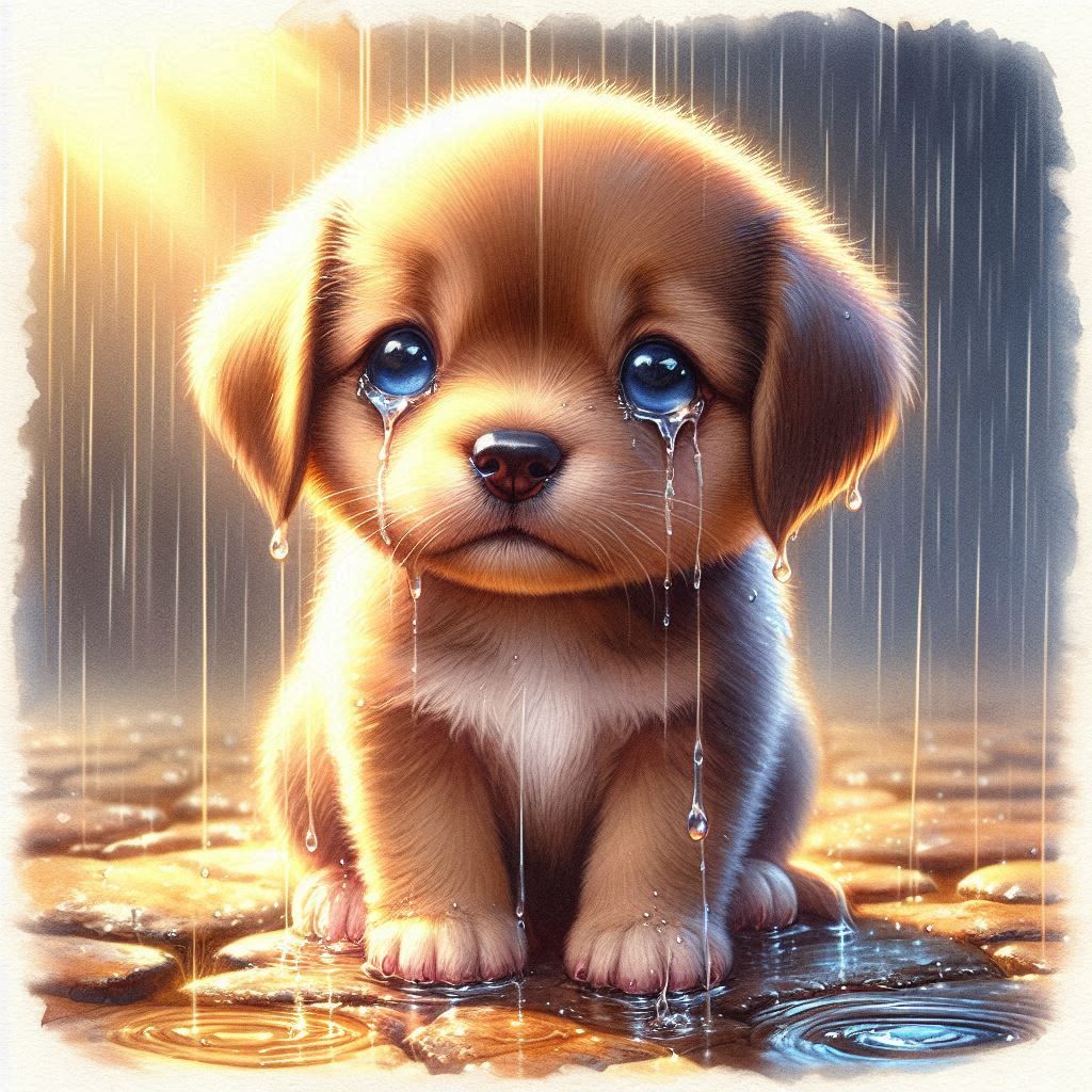 Watercolor painting of a sad little puppy in the rain