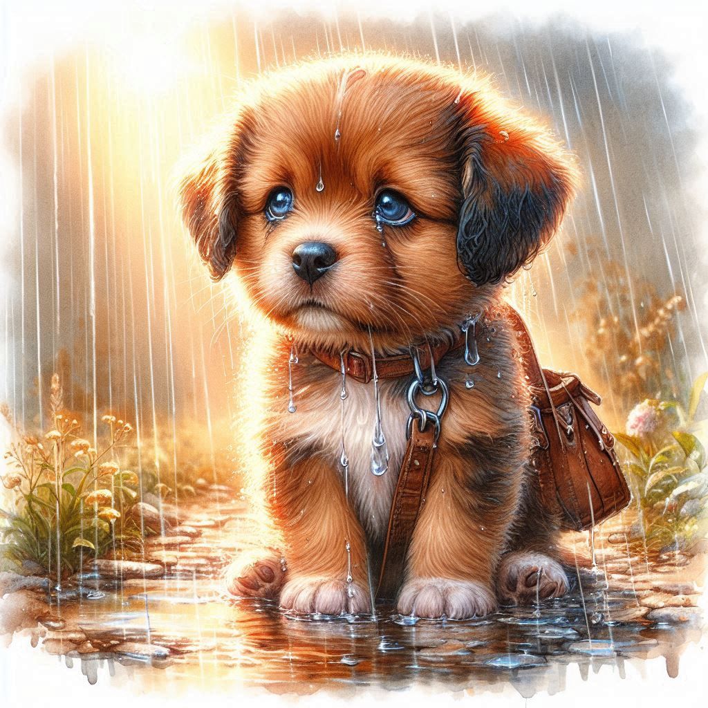 Watercolor painting of a sad little puppy in the rain