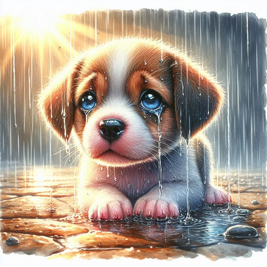 Watercolor painting of a sad little puppy in the rain, a photorealistic painting, by Andre de Krayewski, the cutest puppy ever, jean-sebasti...