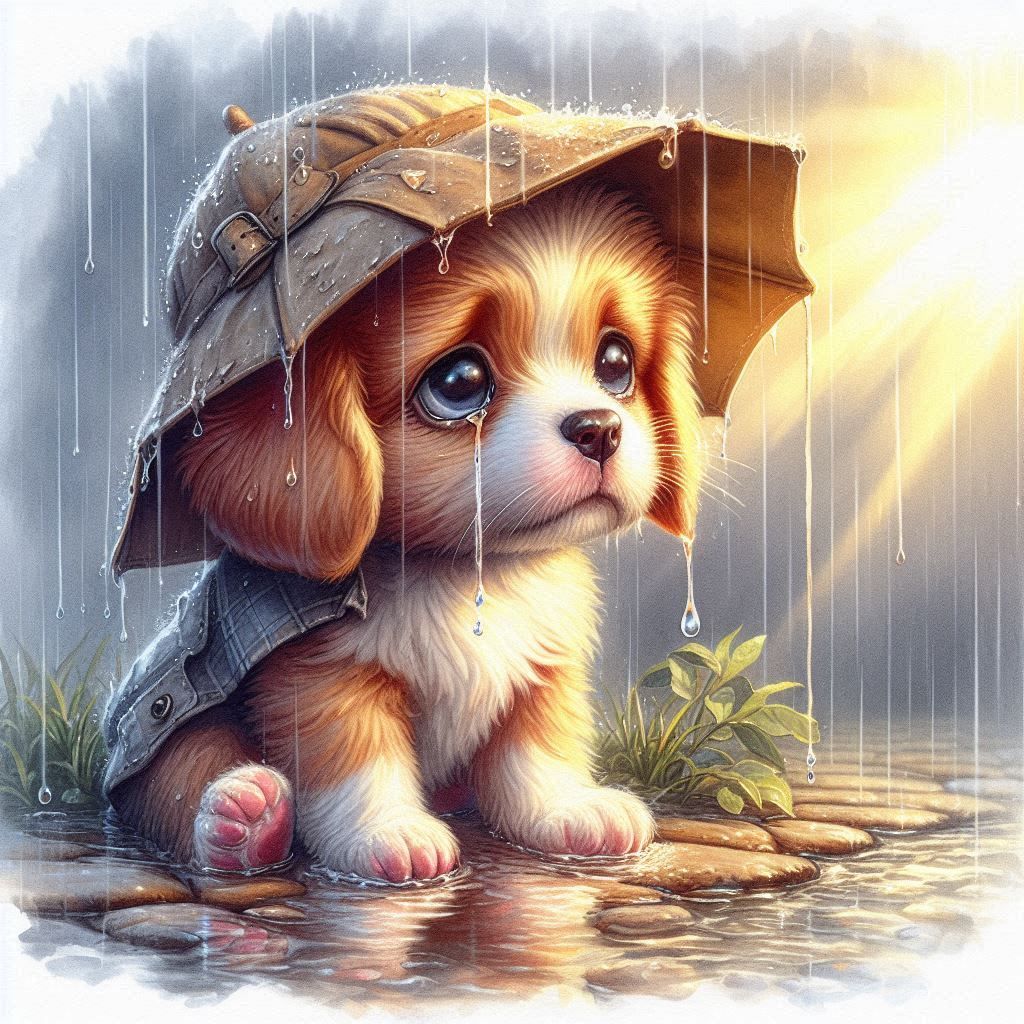 Watercolor painting of a sad little puppy in the rain, a photorealistic painting, by Andre de Krayewski, the cutest puppy ever, jean-sebasti...