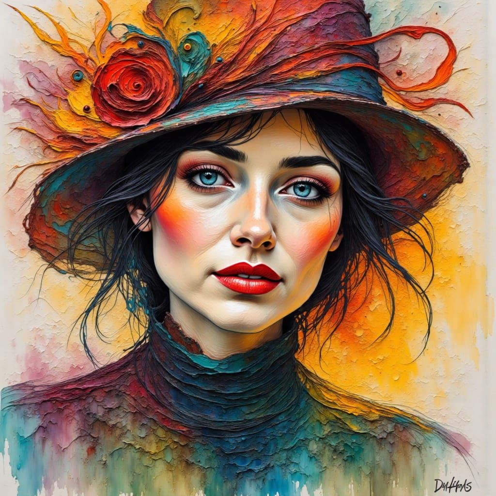 Otherwordly alcohol ink woman vintage portrait poetic gaze impasto oil<lora:Olii flux:1.0>