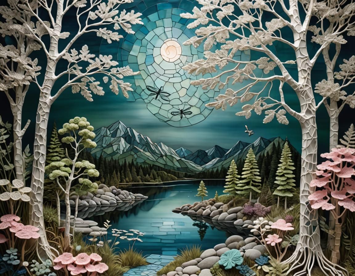 Stained glass mosaic, crochet Irish-lace, moonlight on natur...