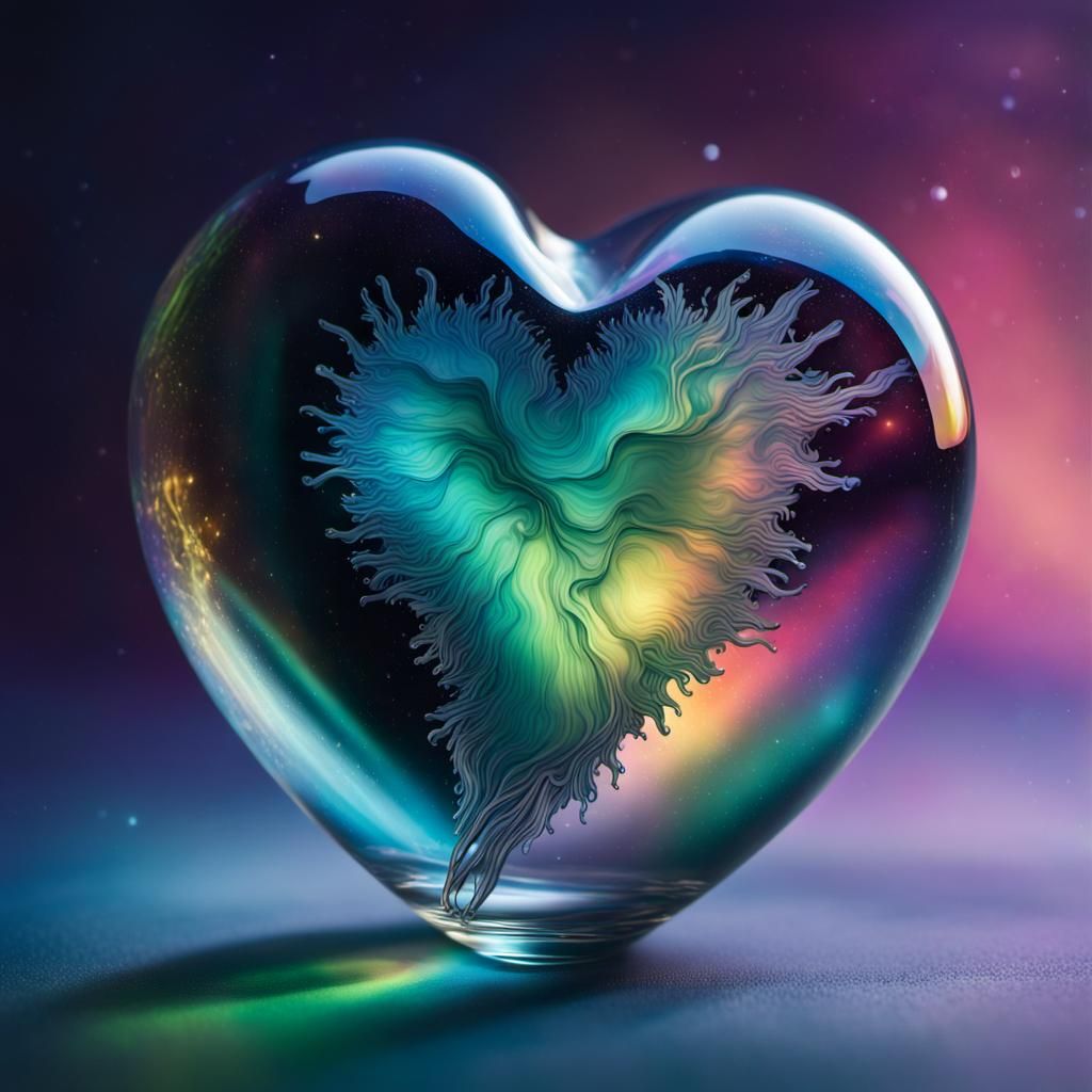 Aurora Borealis in a clear glass heart. Hyper-detailed. Hype...