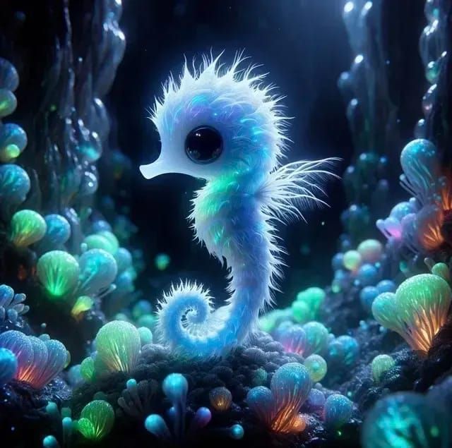 Teeny Tiny Blue-White Fluffy Seahorse