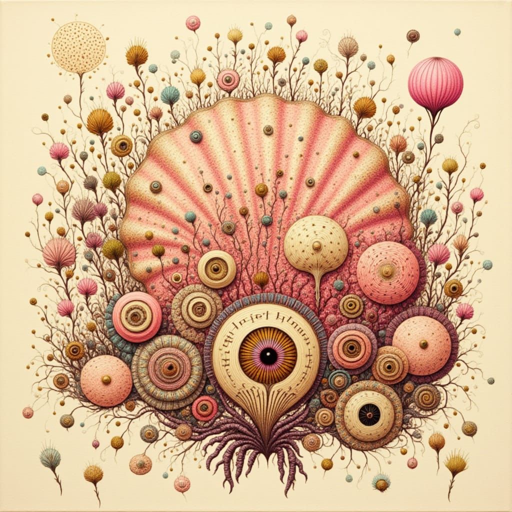 <lora:Quirky Charm:1.0> oil on canvas, a Wentletrap seashell made from swirls of textured, zentangled, patterns, tones of blush pink and cre...