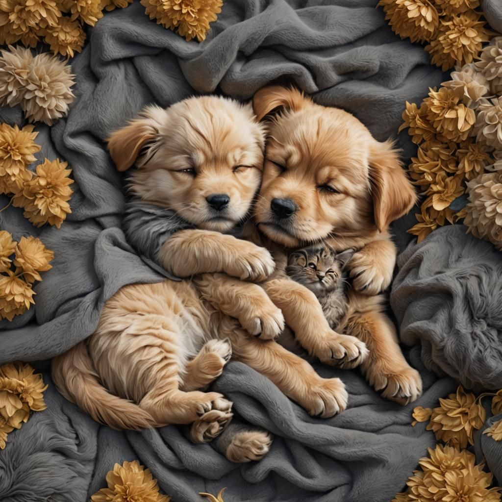 a fluffy golden retrever dog and a gray kitten sleeping toge...
