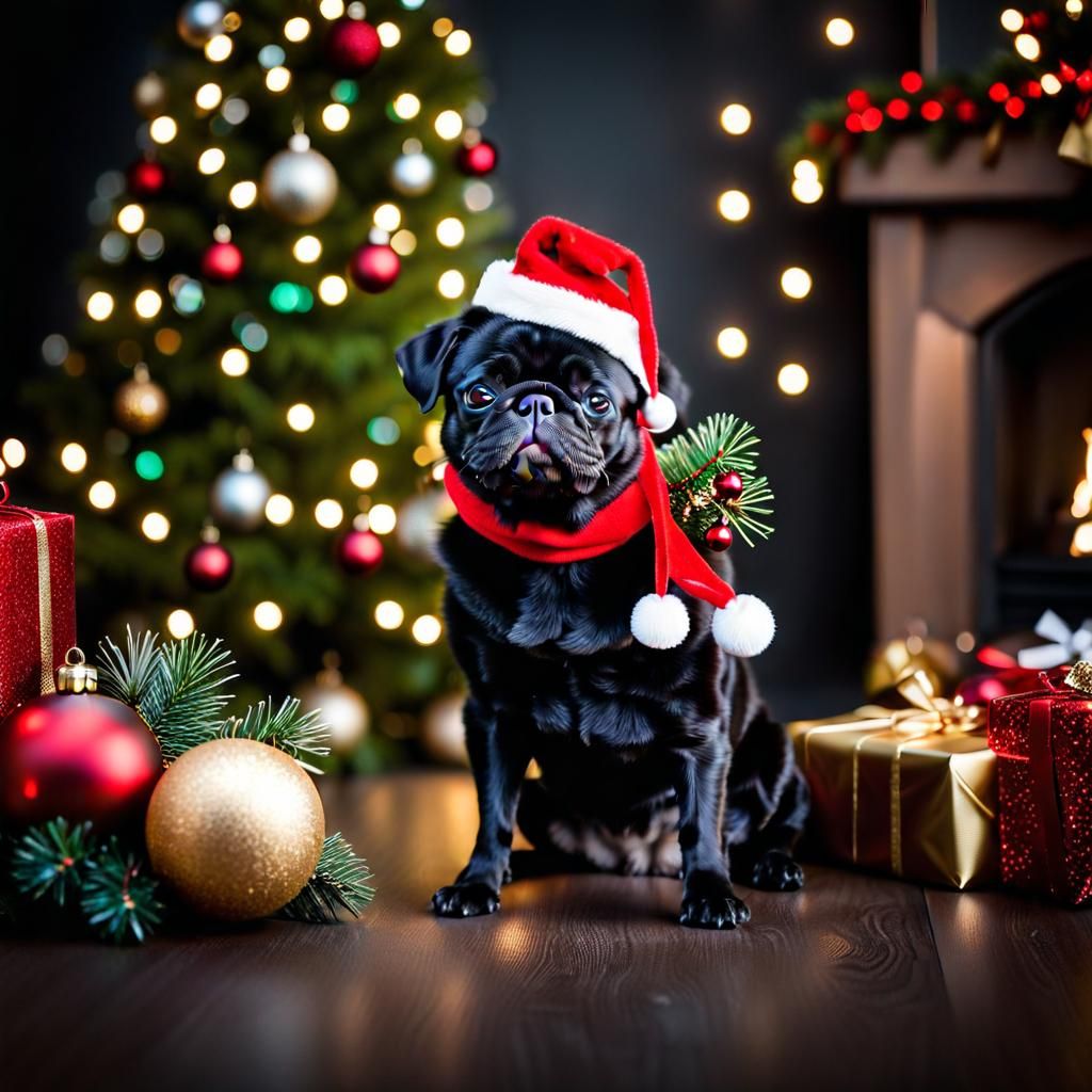 Cute happy little black pug celebrating christmas holidays. 