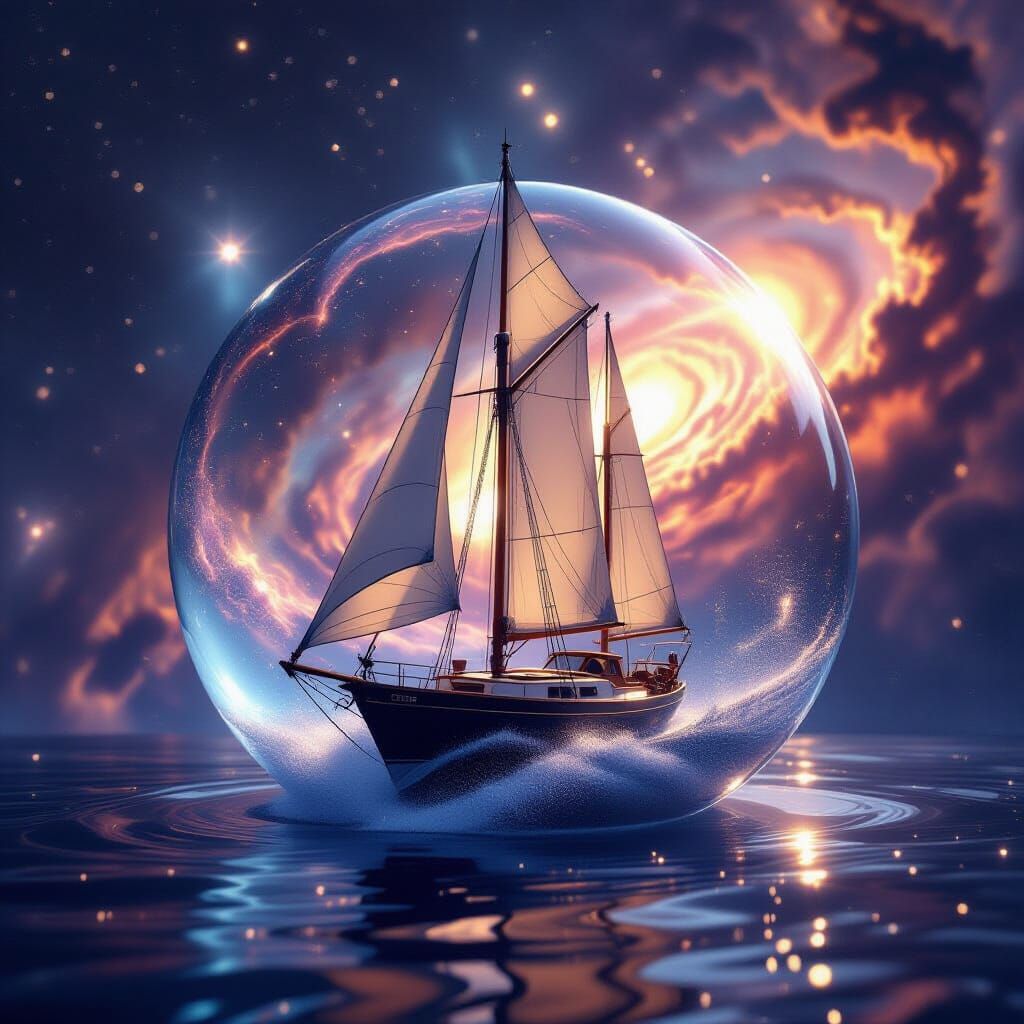 A majestic sailboat, rendered in hyper-realistic detail, navigates a swirling nebula of cosmic dust and starlight. The sails are catching et...