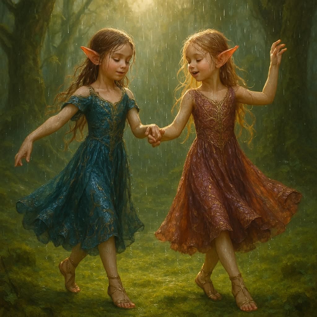 Elf girls dancing in the rain