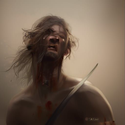 an angry mink cutting human bodies up with a sword to make h...