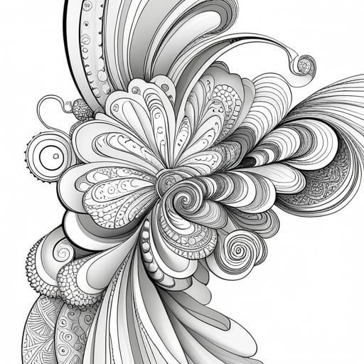 A coloring book page of a flower drawn with steampunk designs, abstract vector fractal, wave function, ...  by @g r r c