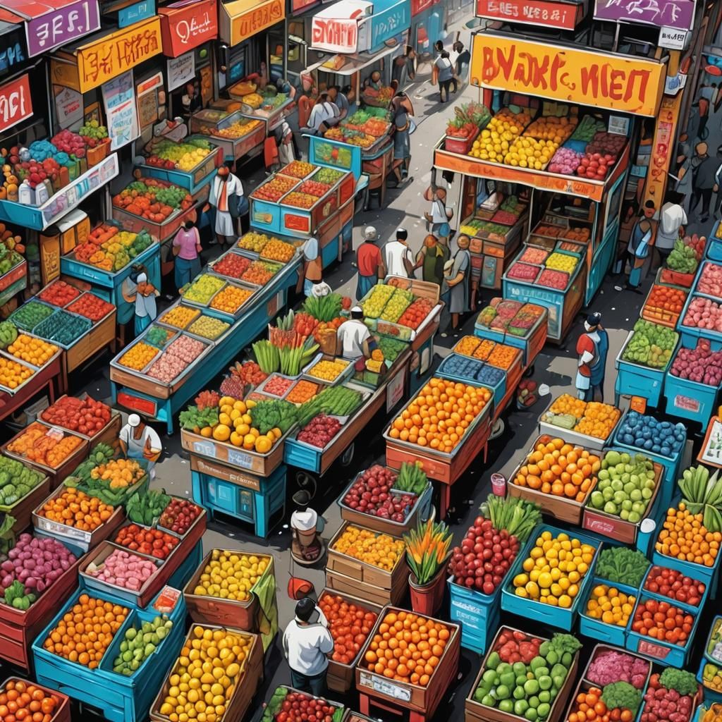 Colorful, striking, vibrant market with flower booth, candy ...
