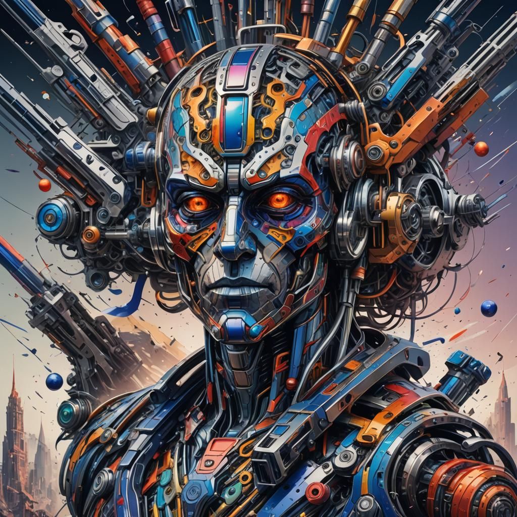 a ballpoint pen with multi-color drawings, a man merging wit...
