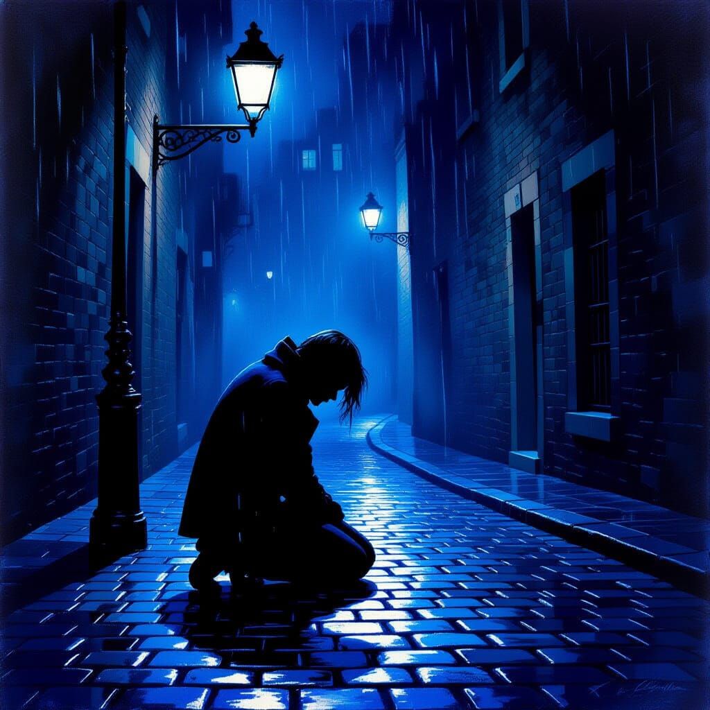 Melancholic Figure Kneeling in Dramatic Chiaroscuro Light