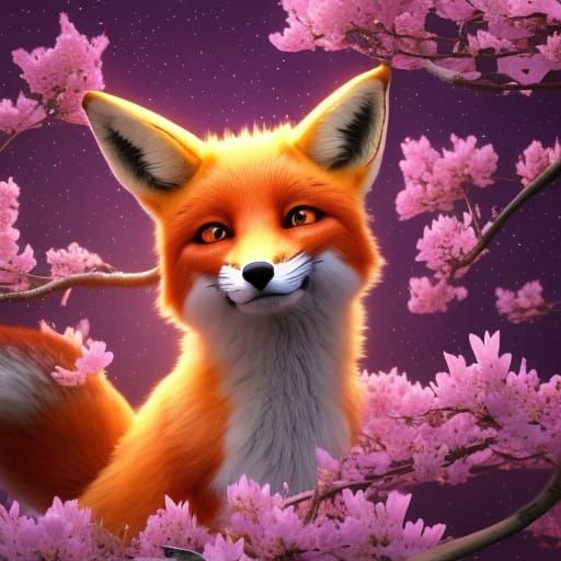A cute fox surrounded by glowing sakura flowers