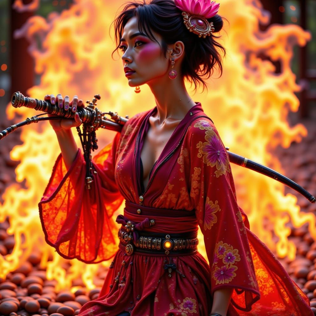 Kyoto Ember

Pose: Low stance, one arm sweeping out her steam fans while a glowing katana flickers at her side.
Weapon: Clockwork Katana – p...