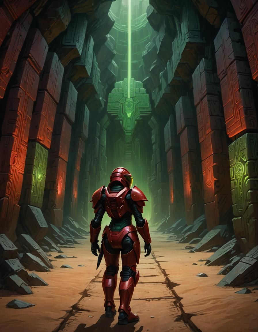 Woman in Red Armor Walks into Dark Cavern