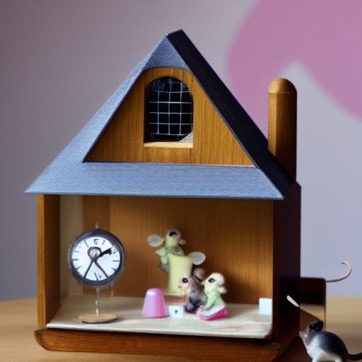A clock, a doll house, a mouse in a hat