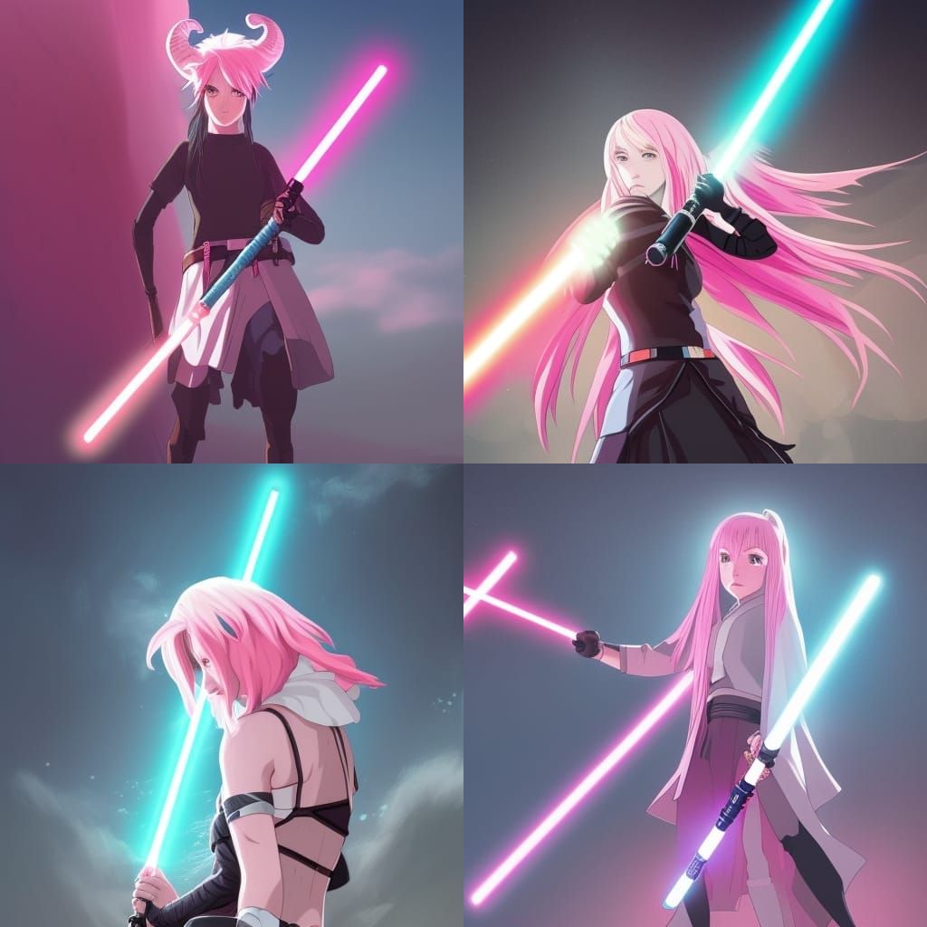 woman with pink hair, goat horns, black armour, lightsaber
