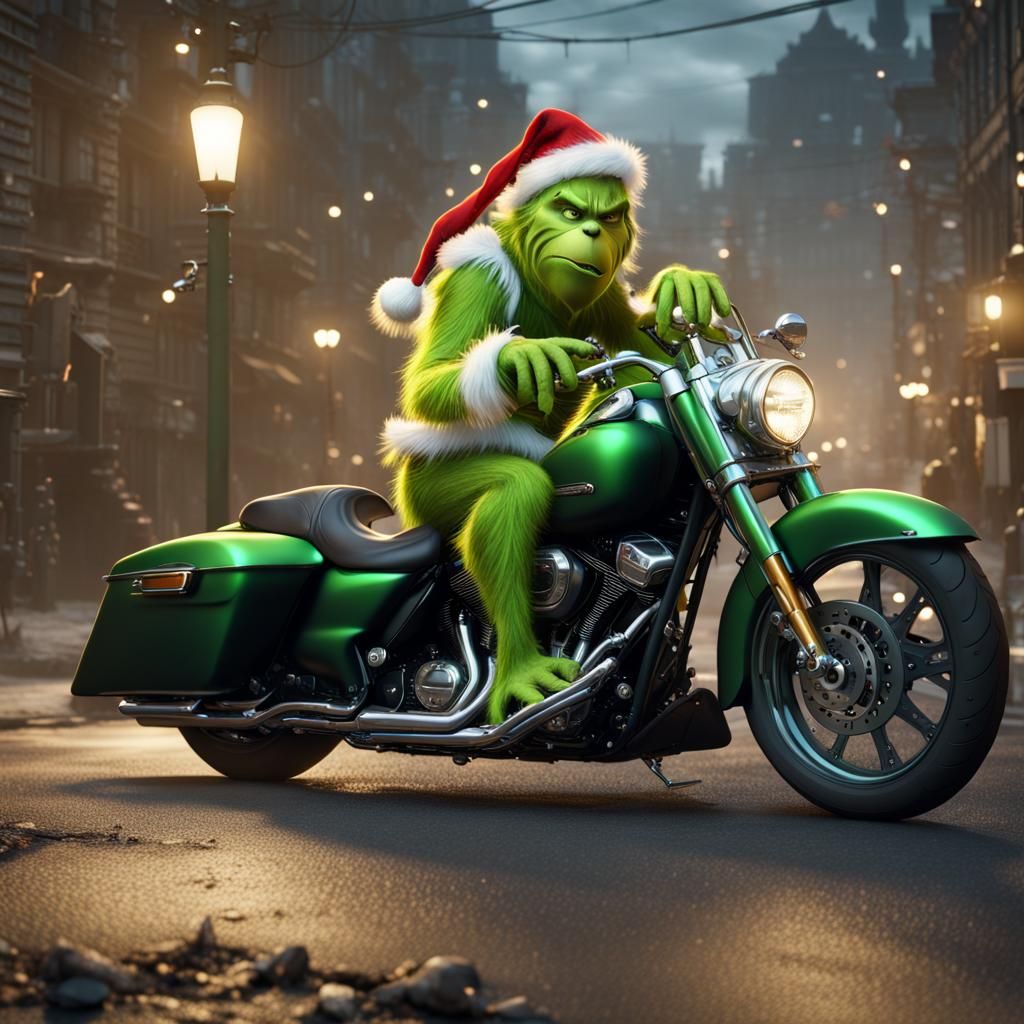 The Grinch riding on a Harley street glide