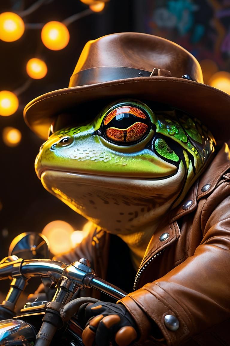 close-up of a vibrant street art piece featuring a frog in a brown leather jacket and hat riding a motorcycle, surrounde...