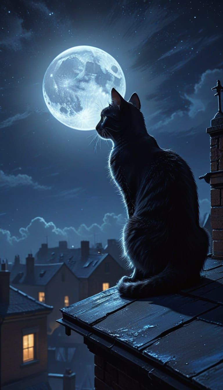 A mysterious silhouette of a cat sitting on a rooftop at night, gazing up at the full moon. The glowing moonlight casts a soft halo around t...