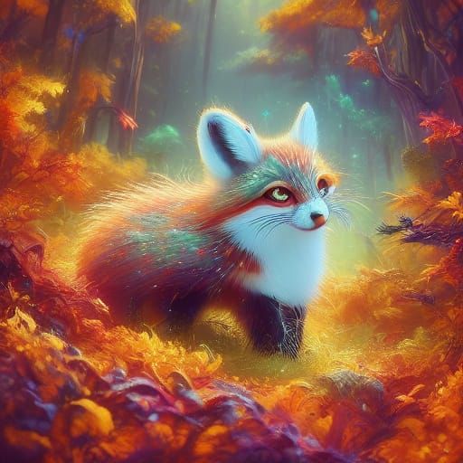 Create an image of a cute hound dog puppy and an adorable baby fox playing together in vibrant autumn leaves. The scene is set next to a ser...