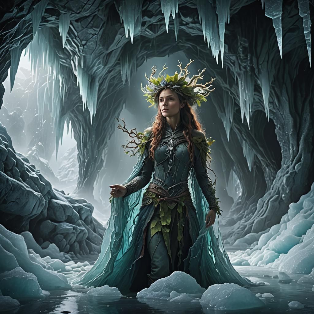 a incredible beautiful dryad inside a ice cave