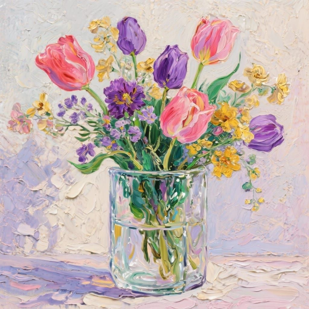 Floral Impasto Painting with Glass Vase