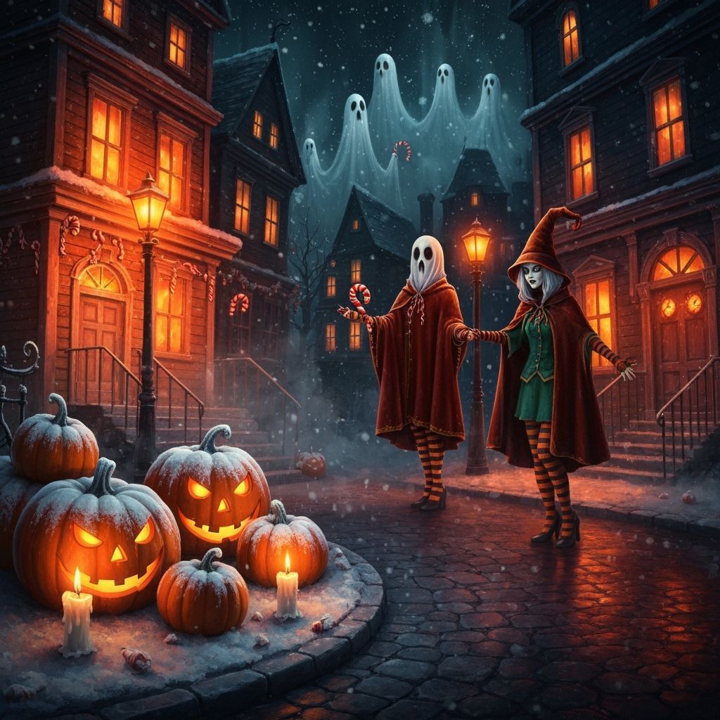Haunted Holidays,  A sleepy Halloween town where ghosts decorate with candy-cane cobwebs and frost covers the pumpkins.
Orange + red + emera...