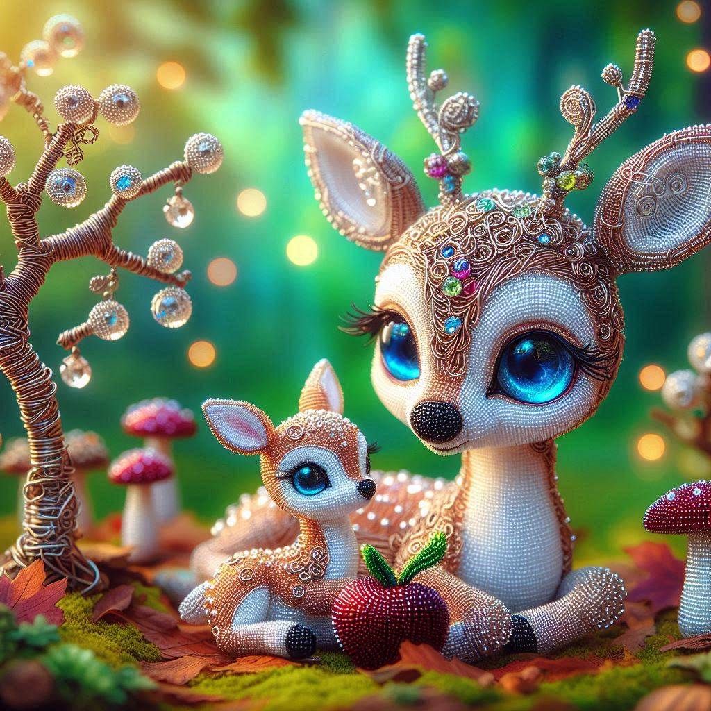 Cute Wire and bead art Fallow deer mum with her baby